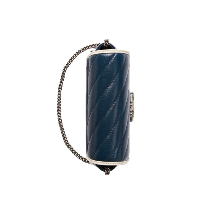 Gucci GG Marmont Chevron Quilted Navy Blue Leather Mini Chain Shoulder Bag With White Trim For Women Luxury Daily Use