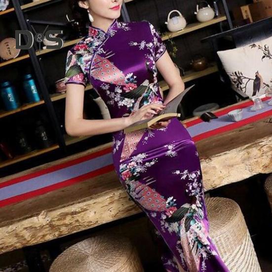 Women Dress Chinese National Style Floral Print Stand Collar Short Sleeves High Side Split Chinese Knot Buttons Cheongsam Satin Silky Slim Fit Summer