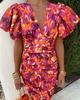2026 new European and American printed casual V-neck tight-fitting hip-wrapped waist bubble short-sleeved dress