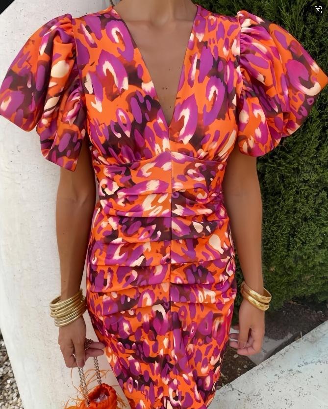 2026 new European and American printed casual V-neck tight-fitting hip-wrapped waist bubble short-sleeved dress