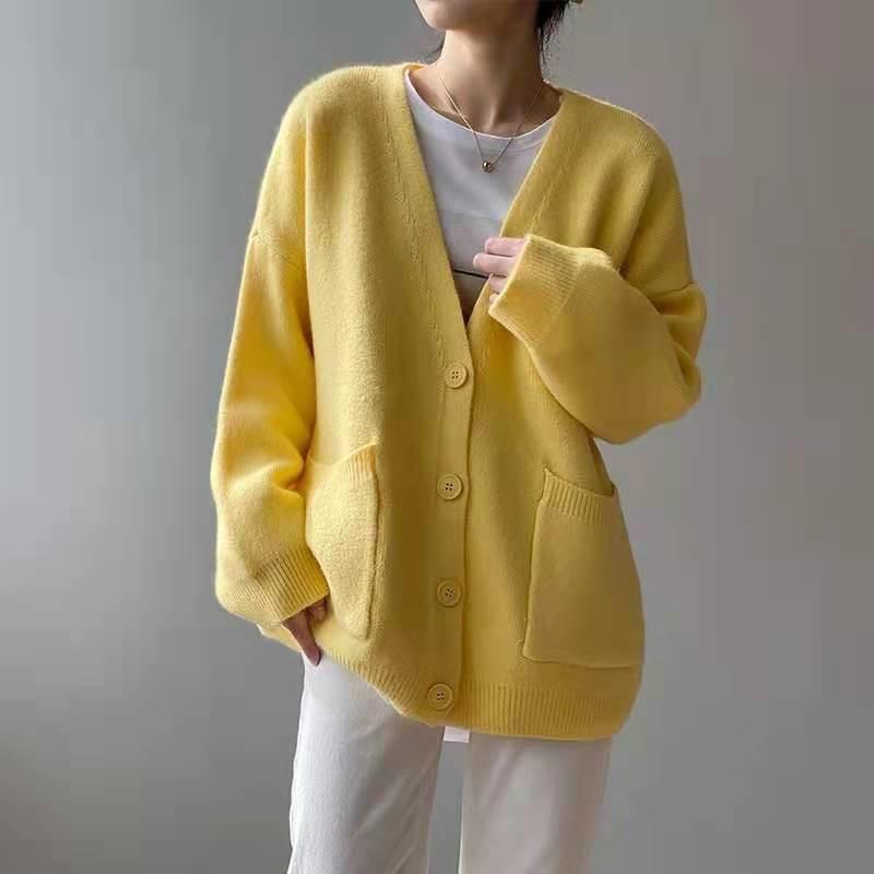 Cardigan a Maglia Larga da Donna - Primavera/Autunno 2026, Stile Coreano, Colore Unito, alla Moda e Casual