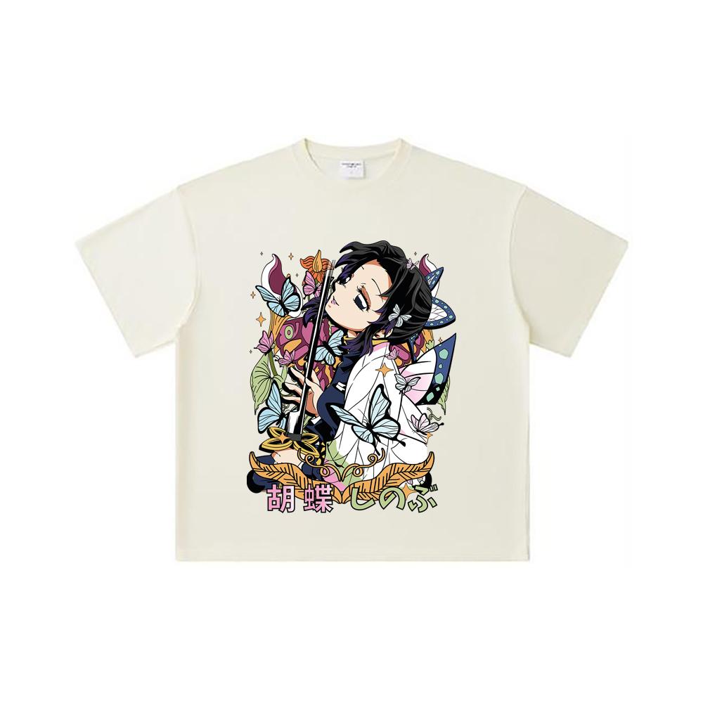 

260 GSM Double Yarn 32 Count 100% Cotton Demon Slayer V104 Shinobu Flower Print Unisex Heavy Cotton T Shirt S абрикосовый