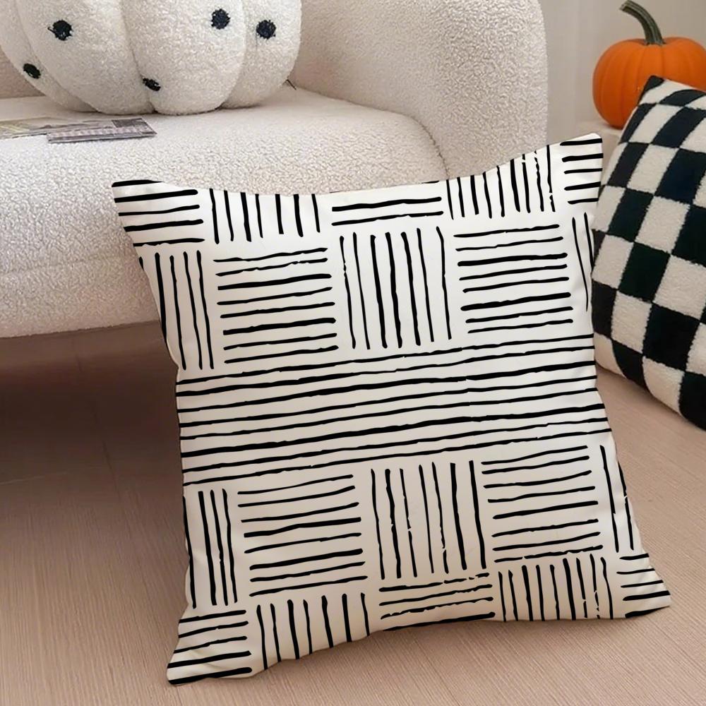 Black And White Striped Geometric Rectangle Art Cushion Cover Throw Pillow Cover Hidden Button Durable Polyester Chair Cushion