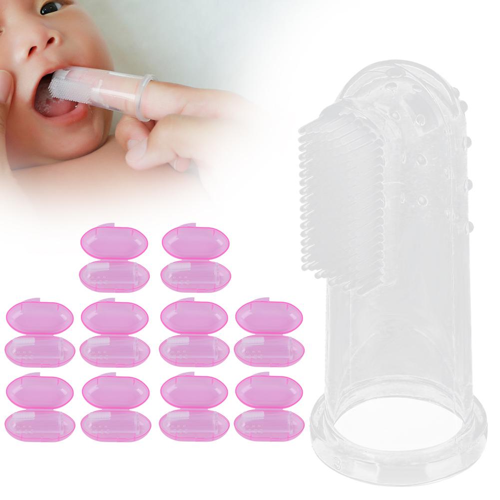 10pcs Baby Finger Toothbrush Infant Silicone Soft Finger Toothbrushes for NewbornPink Shell