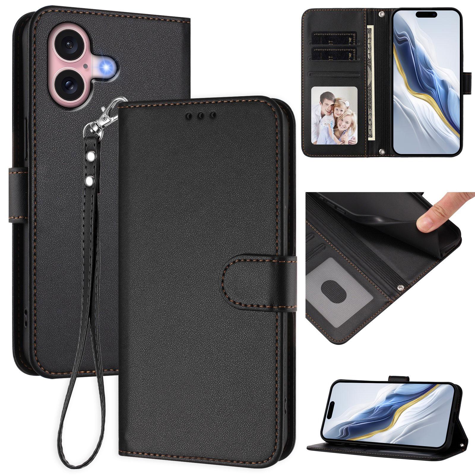 

For iPhone 16 Leather Case Wallet Stand Phone Cover with Wrist Strap Blue
