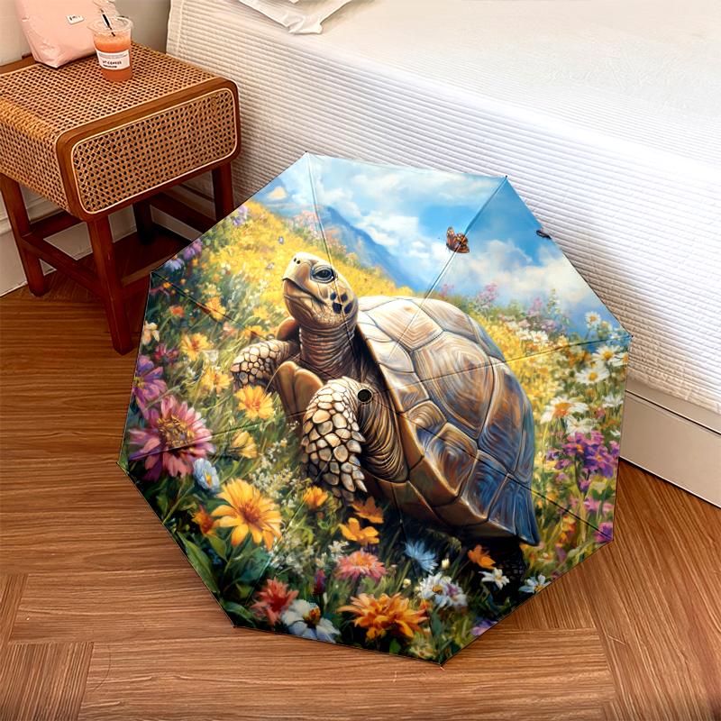 Turtle and Flower Pattern, Automatic Folding Umbrella, Portable and Foldable Design, 8 Ribs, a Christmas or Birthday Gift.