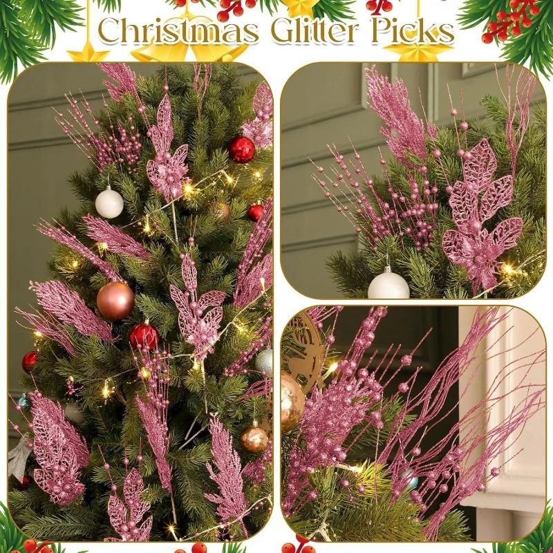 12 Stück Rosa Weihnachtsbaumschmuck Künstliche Glitzerzweige Weihnachtsbaumhänger Navidad Beerenblumen Geschenk Neujahr Heimdeko