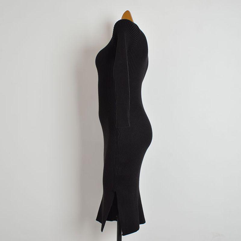 And Winter New Round Neck Long Sleeves Knitted Sweater Dress Women's Waist-Tight Slim Looking Mid Length Long Length Double Slits Hip-Wrapped Dress
