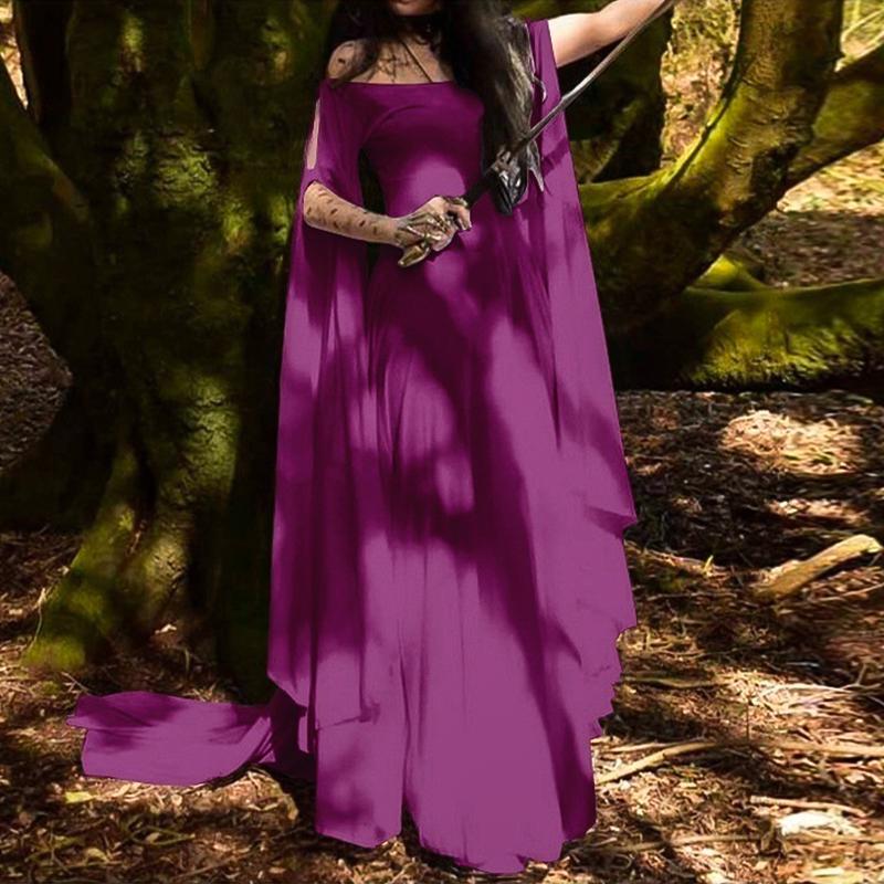 Abito lungo medievale monospalla svolazzante, maniche a mantello in chiffon da elfa donna, Halloween, ballo, abbigliamento retrò