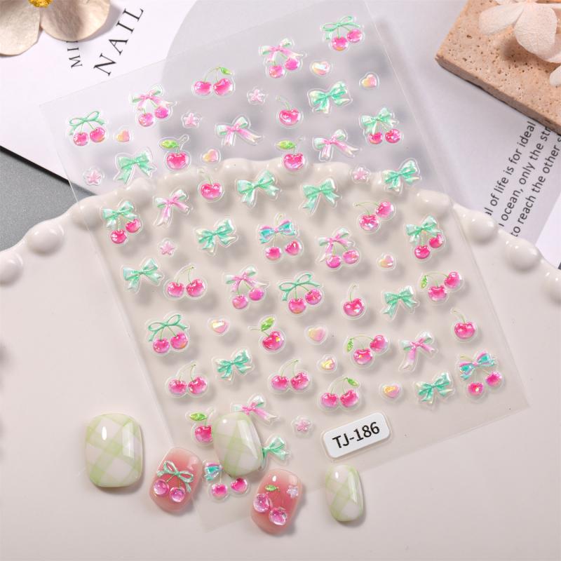 Cute Cherry Bow Nail Stickers Relief 3D Nail Appliques Adhesive Sliders Nail Art Accessories Nail Decoration