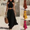 Wrinkle-resistant Women Outfit Women's 2 Piece Outfits, High Neck Halter Sleeveless Top And Soft Draped Fabric Set Wide Leg Pants Matching Set, Summer