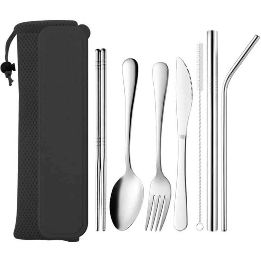 Portable Silverware Set With Case Stainless Steel Design Durable Mirror Polished Smooth Easy To Carry For Outdoor Camping Picnic Include Utensils
