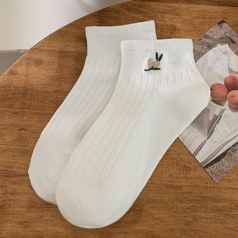 Women's Summer Thin Cartoon Embroidered Bear Low Top Shallow Mouth Non Slip Short Tube Boat Socks