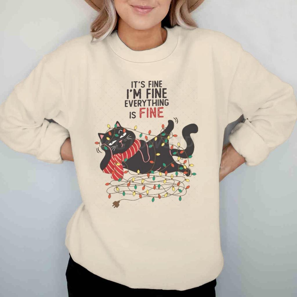 Weihnachtsgeschenke Outfits Oberteil Mir geht es gut Alles ist gut Grafikpullover Damen Fröhliche Weihnachten Katze Lichter Cartoon Sweatshirt