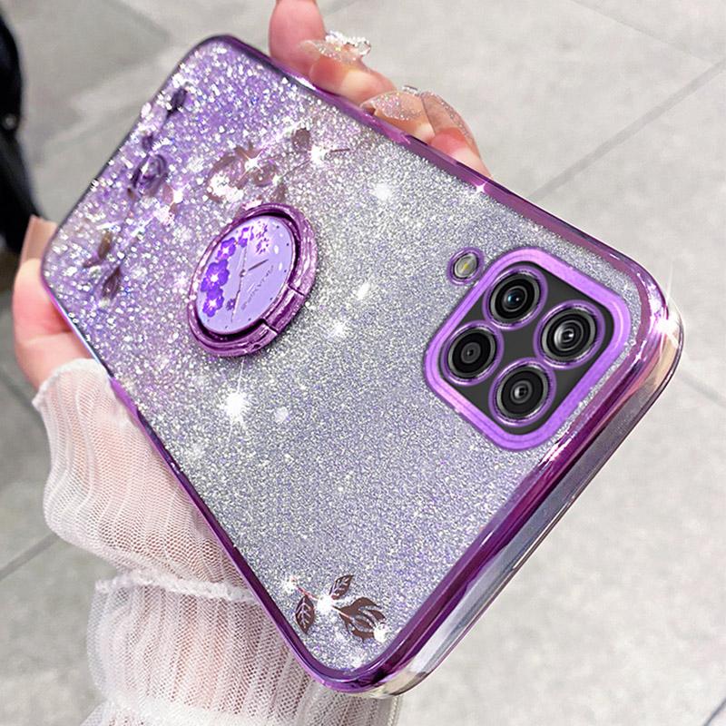 KADEM For Samsung Galaxy A42 5G Flower Rhinestone Decor TPU Cover Glitter Gradient Phone Case with Ring Kickstand