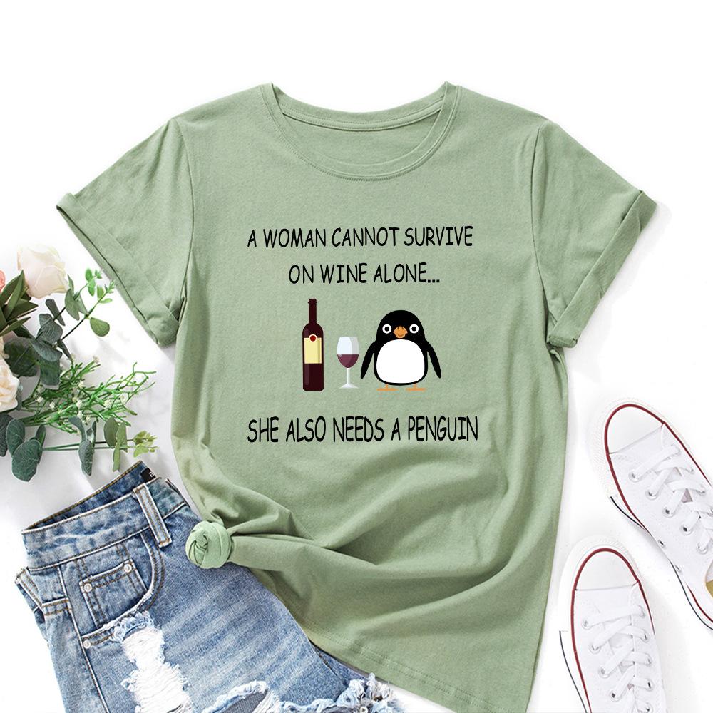 Inspirational Letters Red Wine Penguin Pattern Loose Round Neck Short Sleeved Women's T-shirts