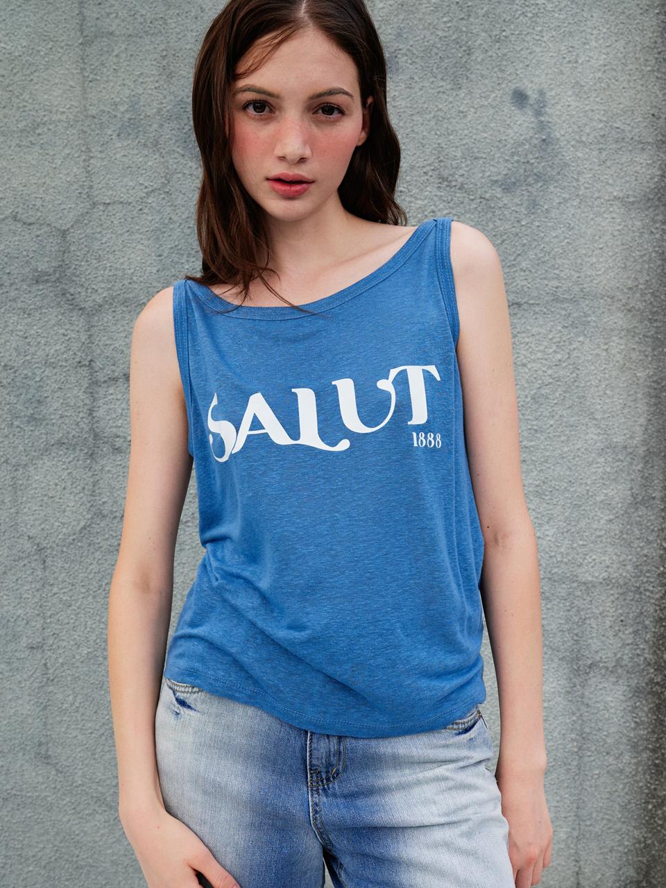 Sorry, Too Much Love Salut Linen Sleeveless Tee_Blue Blue