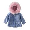 Korean Style Girls' Winter Denim Coat with Big Fur Collar and Velvet Lining