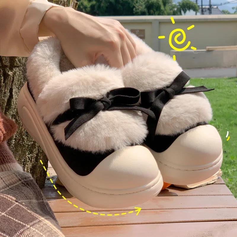 Fashion Cute Bowknot Fur Cotton Padded Shoes Women 2024 Faux Fur Warm Platform Snow Boots Woman Non Slip Thick Sole Winter Boots Female