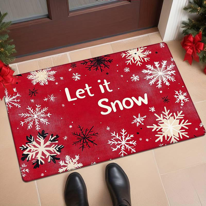 Flannel Thickness 0.47inch Snowflake Christmas Red Door Mat, Snowflake Absorbent Non-Slip Area Mat, Comfortable Floor Mats, Mach