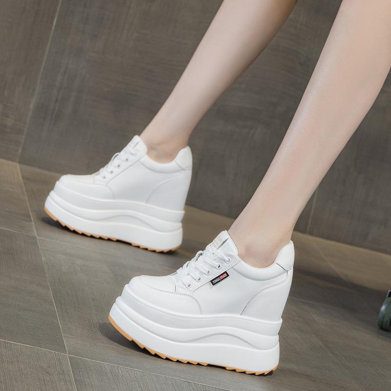 New autumn breathable wedge heel women's shoes lace mesh cm thick sole inner height increase casual white shoes