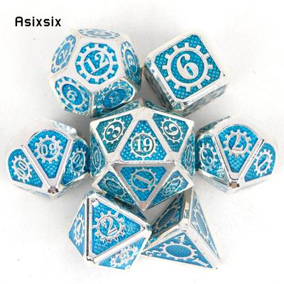 7 Stück weiß-grünes Zahnrad-Metallwürfel-Set aus massivem Metall, polyedrisch, geeignet für Rollenspiele, RPG-Brettspiele, Kartenspiele