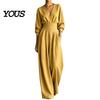 Everyday Wear Jumpsuit Women's Long Sleeve Jumpsuit, Deep V Neck Loose Wide Leg Plus Size Women Rompers, High Waist Summer Casual One Piece