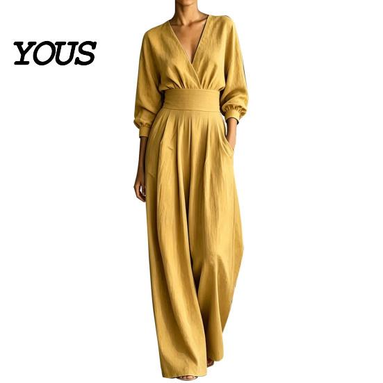 Everyday Wear Jumpsuit Women's Long Sleeve Jumpsuit, Deep V Neck Loose Wide Leg Plus Size Women Rompers, High Waist Summer Casual One Piece