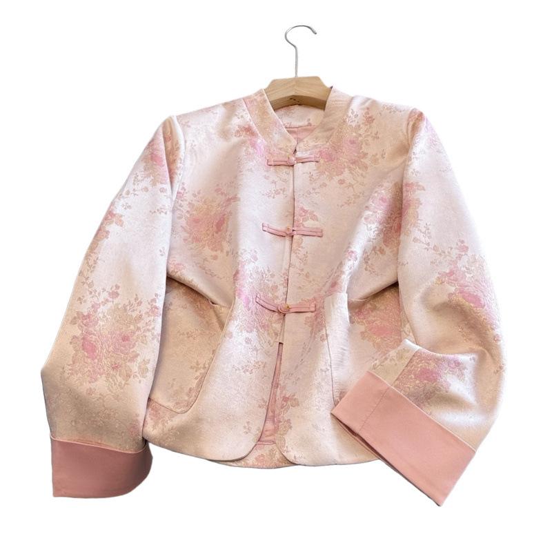 Silk Jacquard Plus Size Jacket for Middle-Aged Women – Chinese Style with Frog Buttons, Anti-aging, Spring/Autumn