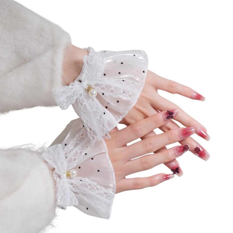 Elegant Lace Sleeves Wrist Cuffs with Artificial Pearls And Bowknot Decors For Daily Outfit Various Event Dressingup