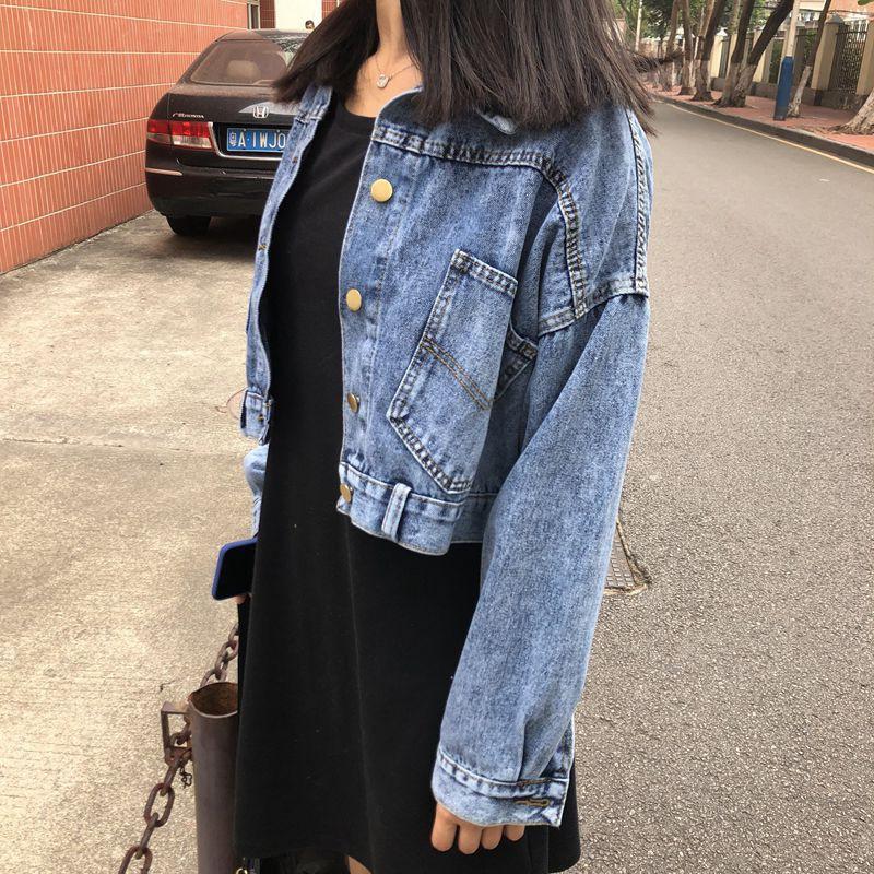 Womens Short Cropped Denim Jacket Loose Fit Batwing Sleeve Urban Casual Style