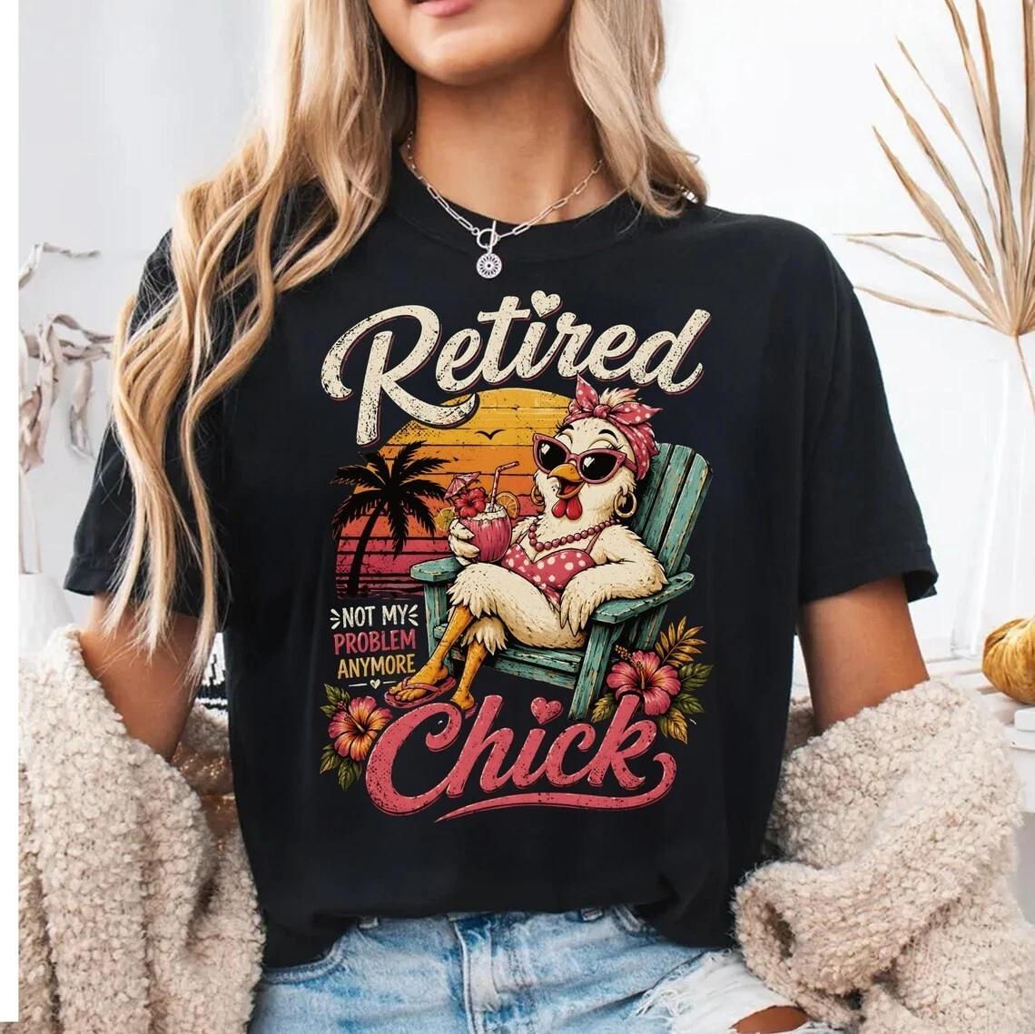 Retired Chick T-Shirt Funny Retirement Gift Tropical Beach Vacation Graphic Tee 2XL