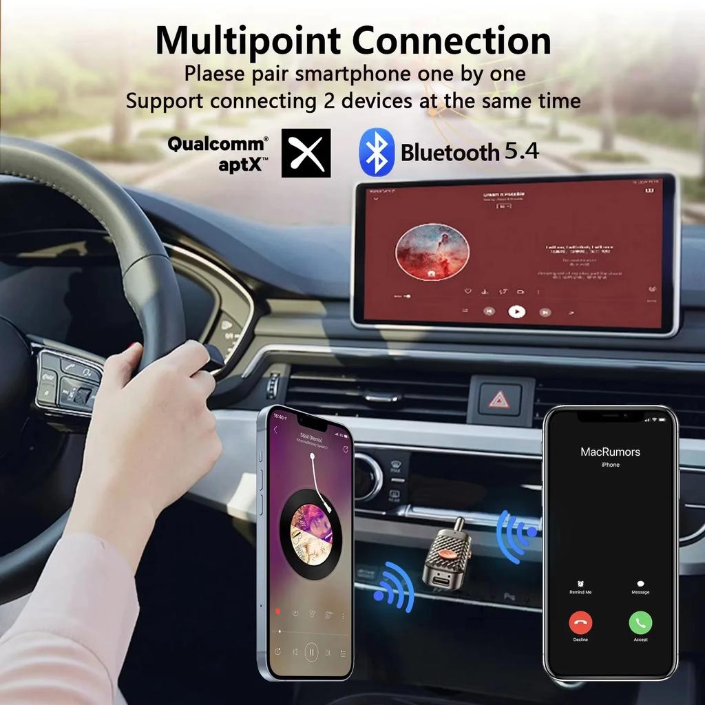 Bluetooth 5.4 Audio Transmitter Receiver 3.5MM AUX Hifi Stereo Music Wireless Adapter With Mic For Car Airplane TV PC Headphone