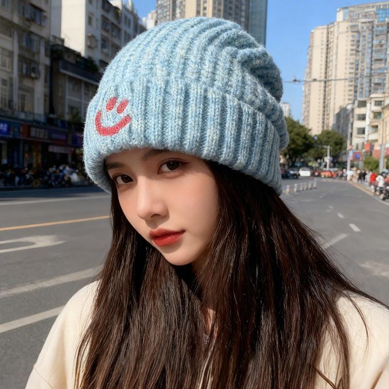 Blue Woolen Cap Thickened and Warm for Children Large Head Wrap Cold Cap To Show Off Face Small Ear Protecting Knitted Pile Cap