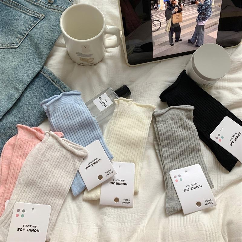 Rolled-up Socks, Women's Mid-calf Socks, Trendy Spring and Summer Cotton Socks, Thin Mesh Breathable Pile Long Socks