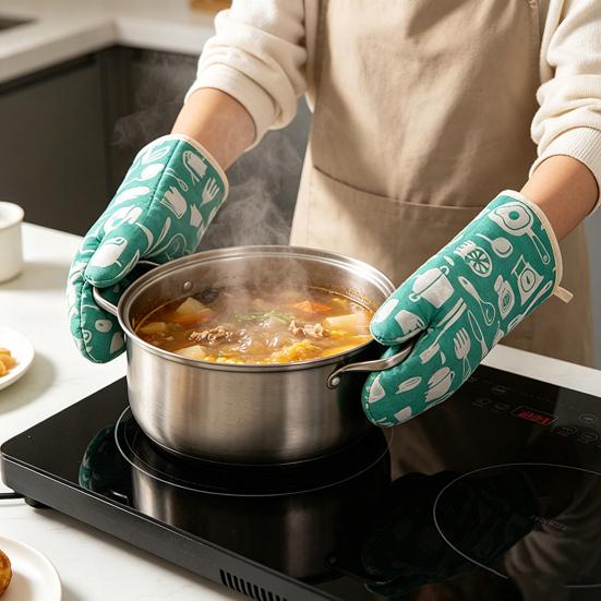 Thickened Cotton-Linen Oven Mitts with Non-Slip Grip Heat-Resistant Baking Gloves for Microwave Grill Breathable