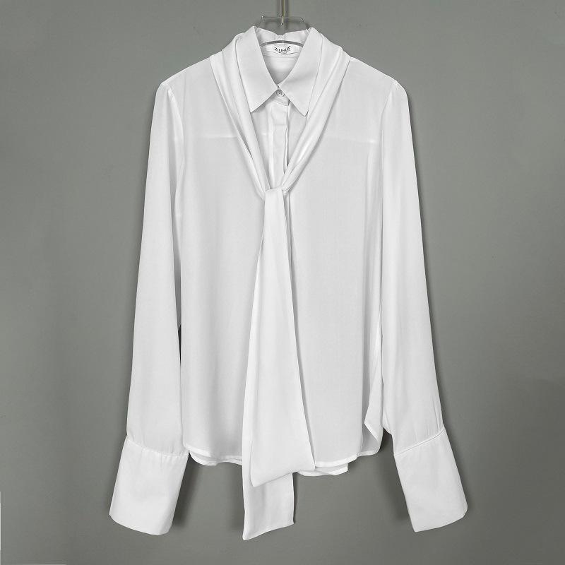 Korean Dongdaemun Elegant Sheer Ribbon Long Sleeve Feminine Shirt One Size белый