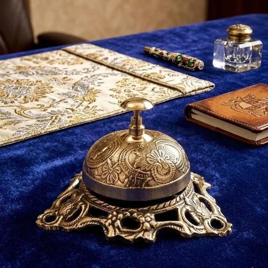 Solid Brass Embossed Desk Bell  Tabletop Call Bell, Antique Style Service Counter Ring