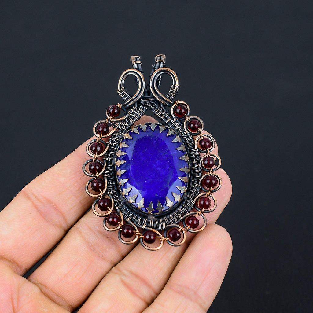 lab-Created Blue Sapphire Gemstone Pure Copper Wire Wrapped Handmade Pendant Jewelry
