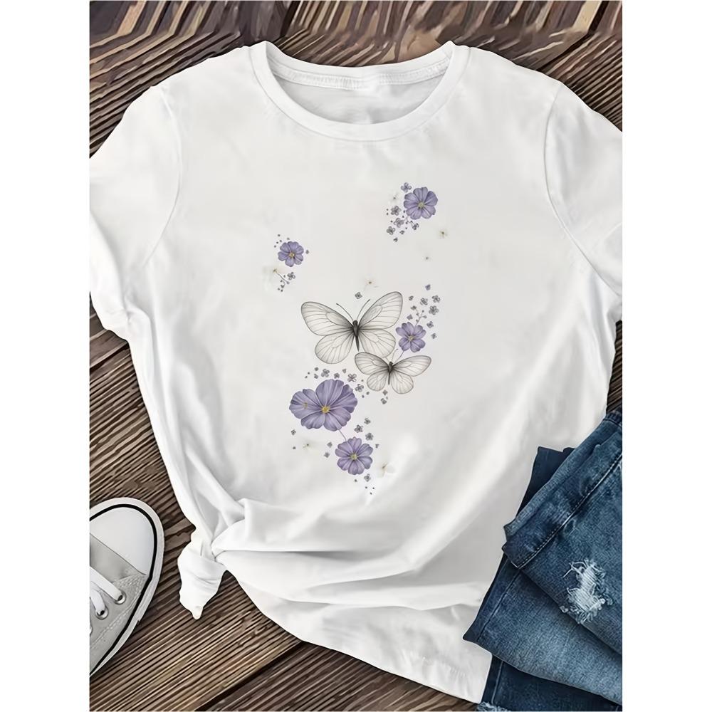 

Chic Wo Butterfly and Floral Print TShirt Perfect for Lounging Going Out or Thoughtful Gifts Sleeved Tops S