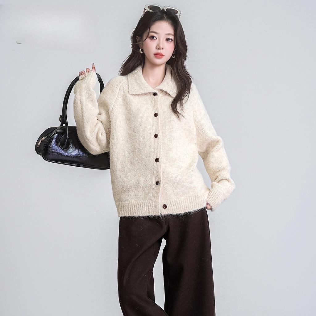 DIMANAF 2025 Sweaters Buttons Turtleneck Solid Beige Cardigan Autumn Women Knitting Loose