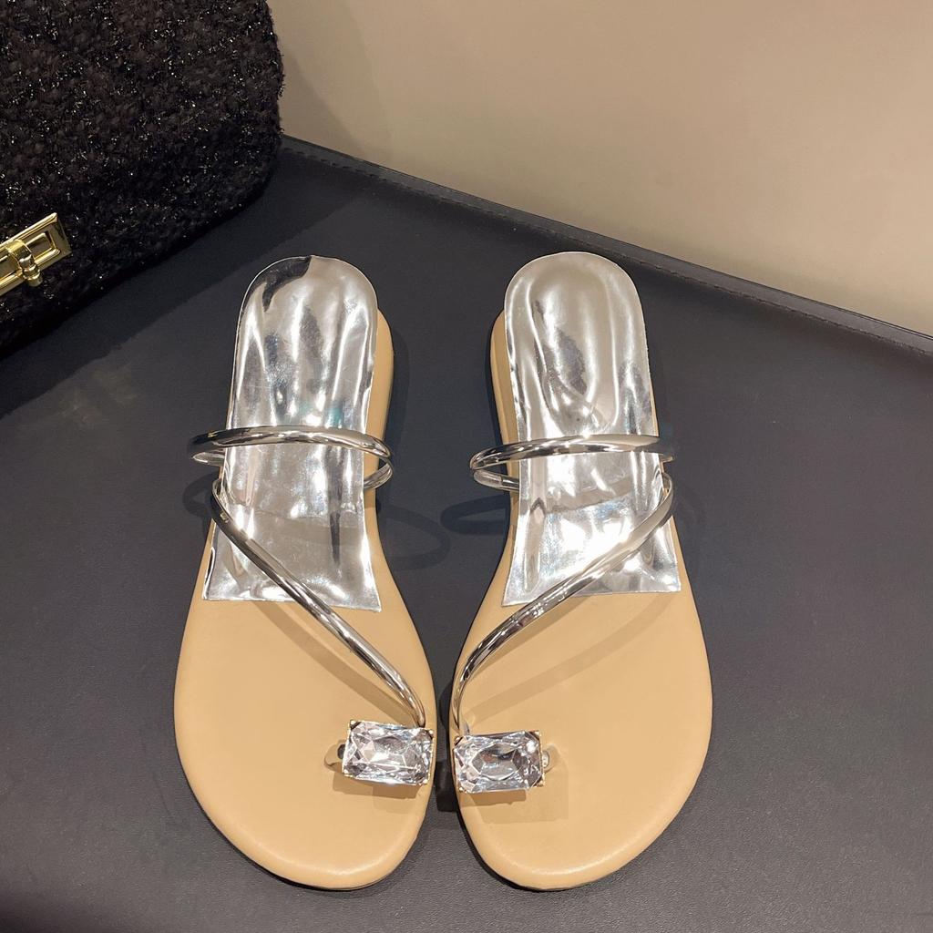 Flache High-Heel-Zehenkappe mit Strassbesatz, coole Pantoletten für Damen, Sommerkollektion 2025, neuer Feenstil, französische Nischensandalen