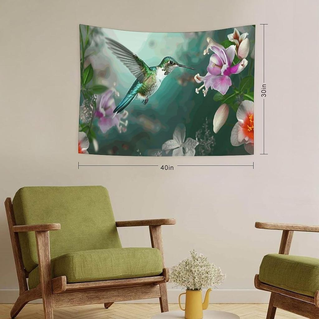 Tranquil Hummingbird Tapestry,Peaceful Green Hummingbird Flying By Pink And White Flowers Print Wall Hanging For Cozy Home Decor