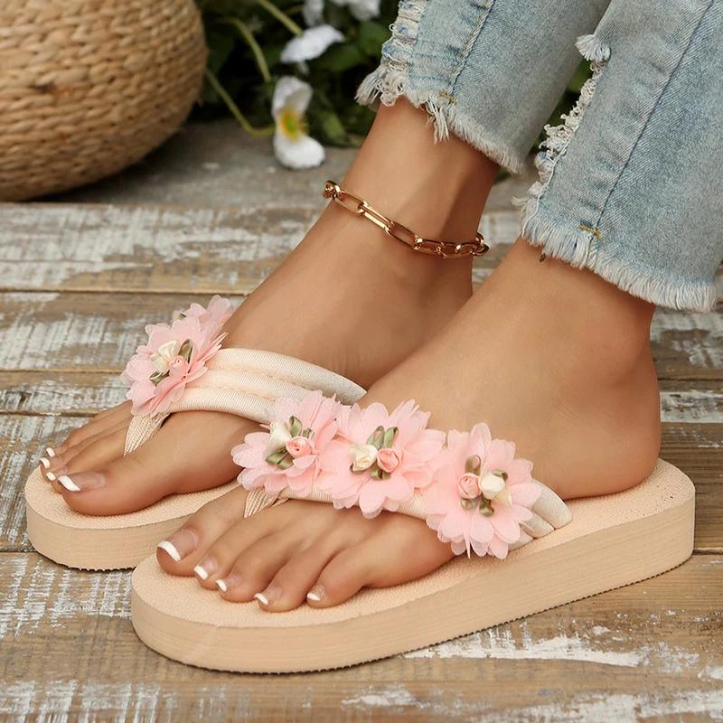Fashion Fashion Flower Decoration Women's Flip Flops 2025 Summer Comfort Non Slip Beach Slippers Woman Lightweight Clip Toe Flat Sandals