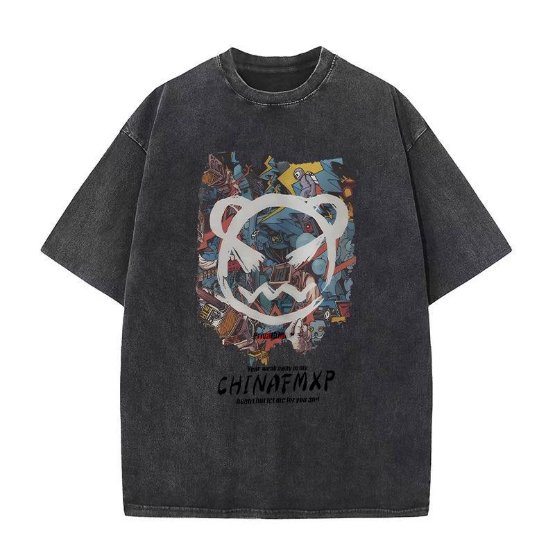 Hip hop washed and worn round neck short sleeve T-shirt fried snowflake retro loose drop shoulder hipster