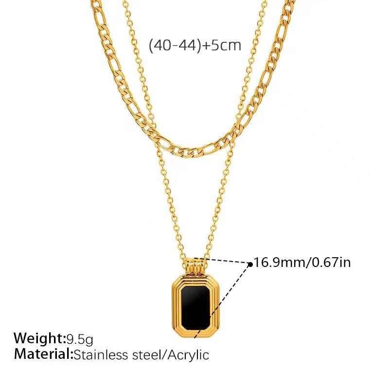 Vintage Stacked Wind Double-Layer Oval Black Agate Pendant Necklace Gold-Plated Square Black Zirconium Collarbone Chain