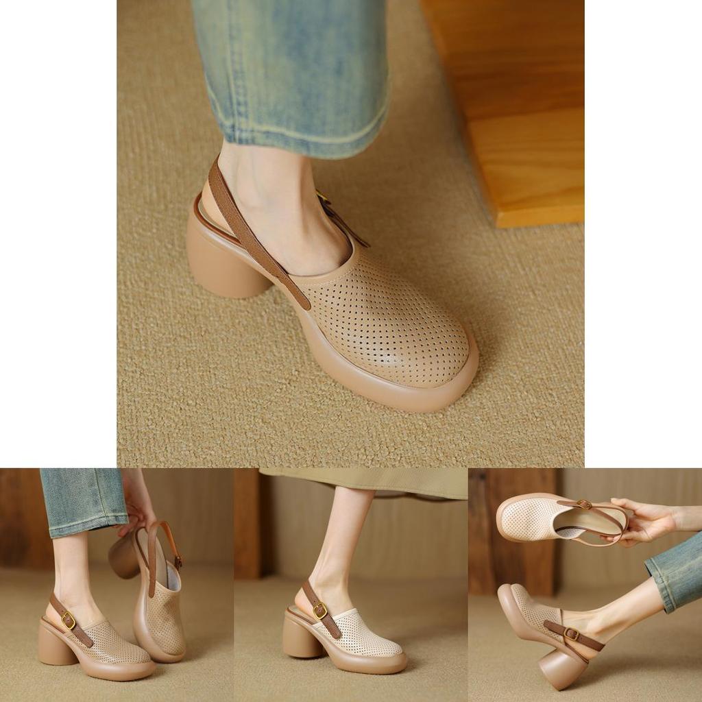 Sommer-Sandalen mit offenem Rücken für Damen mit dicker Sohle und runder Spitze aus Superfiber-Material für Freizeit