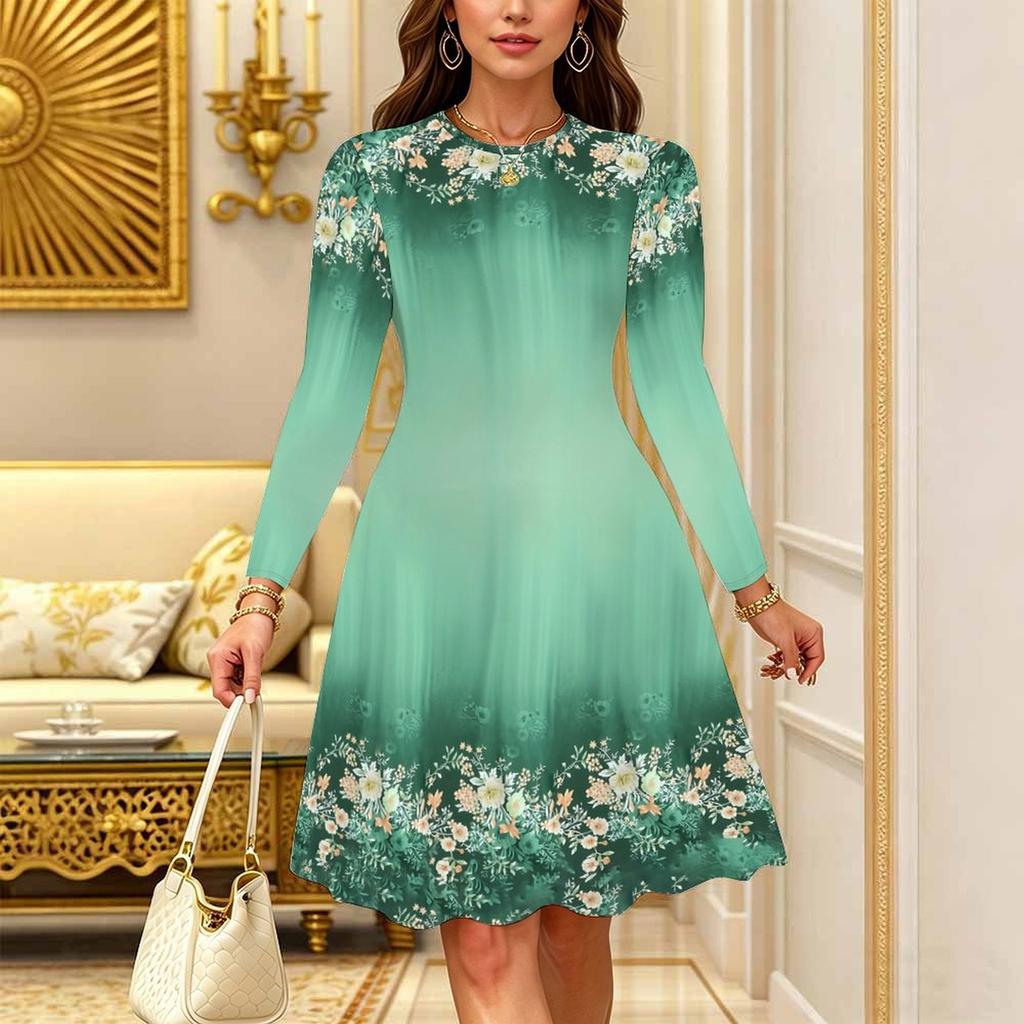 Women Long Sleeve Round Neck Midi Dress Boho Abstract Mandala Dot Floral Print Flared Casual Dress