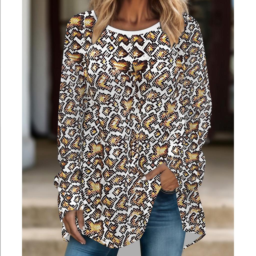 Plus Size Women Fashionable Personality  Leopard Printed Comfy Long Sleeve Round Collar T-shirt Casual Baggy Mid Length Tee Tops