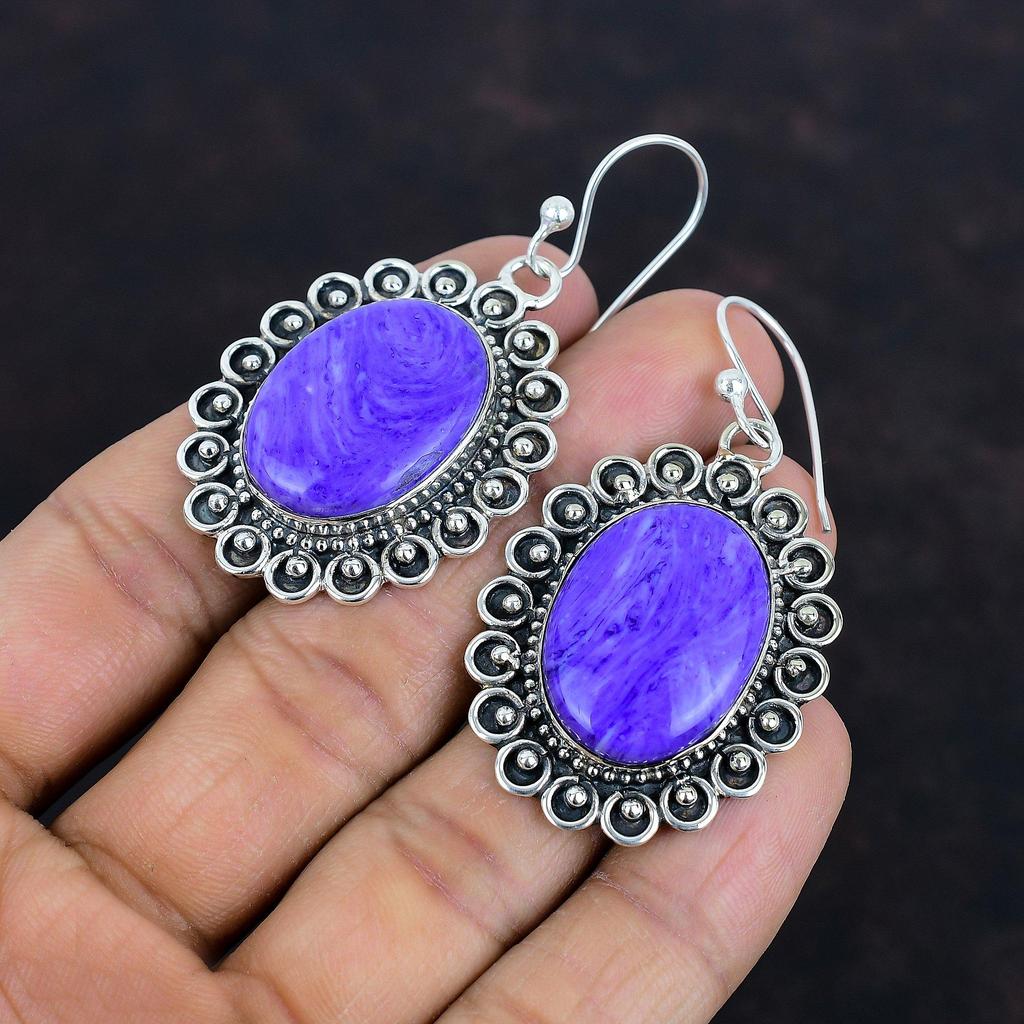 Charoitový drahokamový náušnice 925 sterlingové stříbro náušnice charoitové šperky ručně vyráběné náušnice náušnice s rodným kamenem zásnubní dárky elegantní šperky